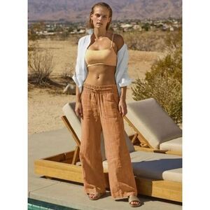 Athleta Cabo Linen Wide Leg Pant Tan Camel size 2 Normcore Weekend Basic Lounge